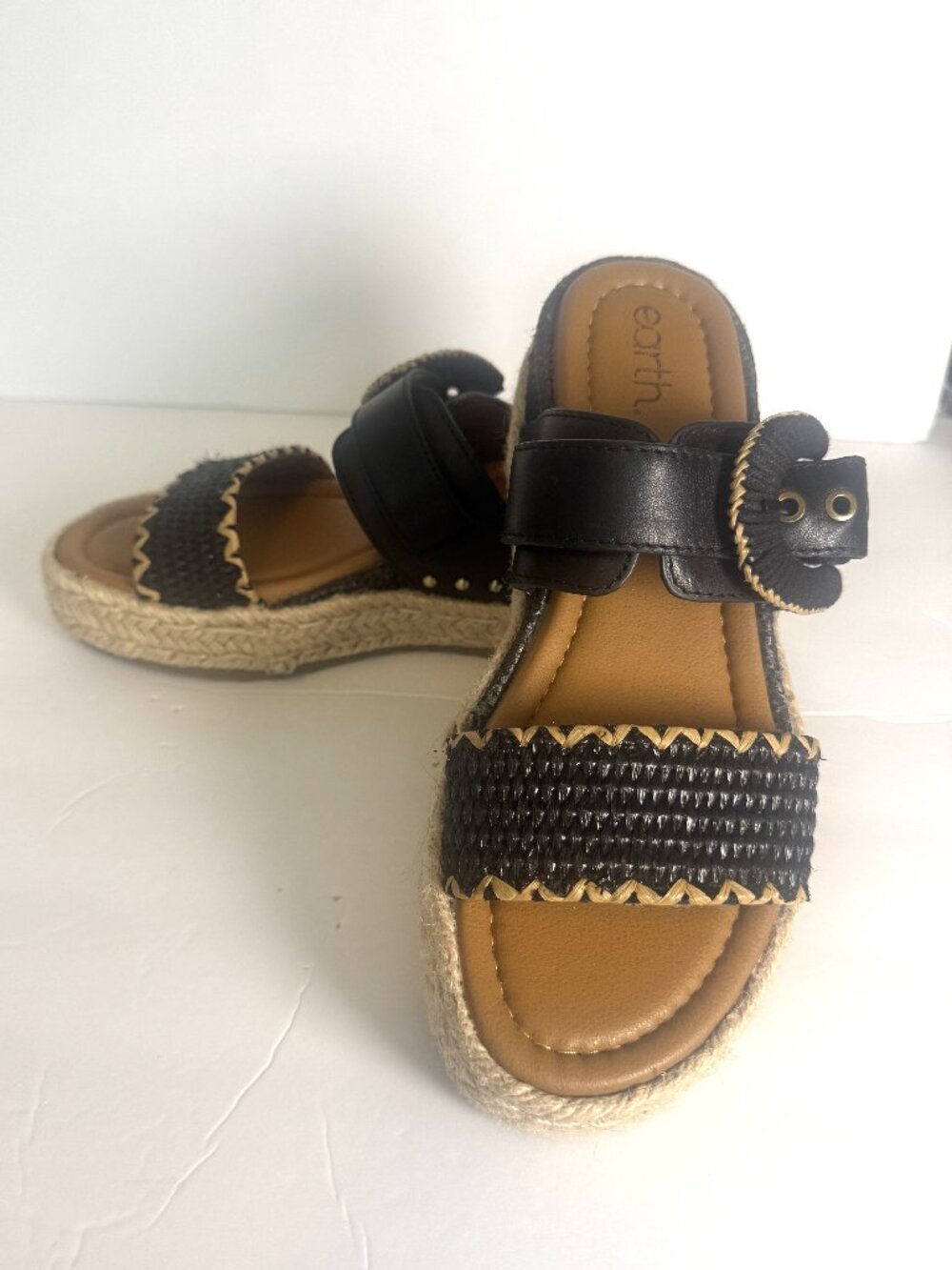EARTH Black Woven Espadrille Platform Slide Sandals Buckle Flatform Size 7.5